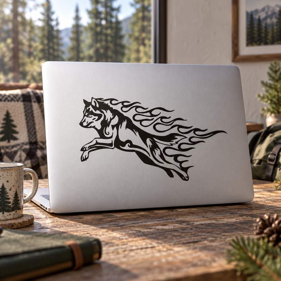 Leaping fire wolf decal: leaping wolf head with flame-like swirls, black design