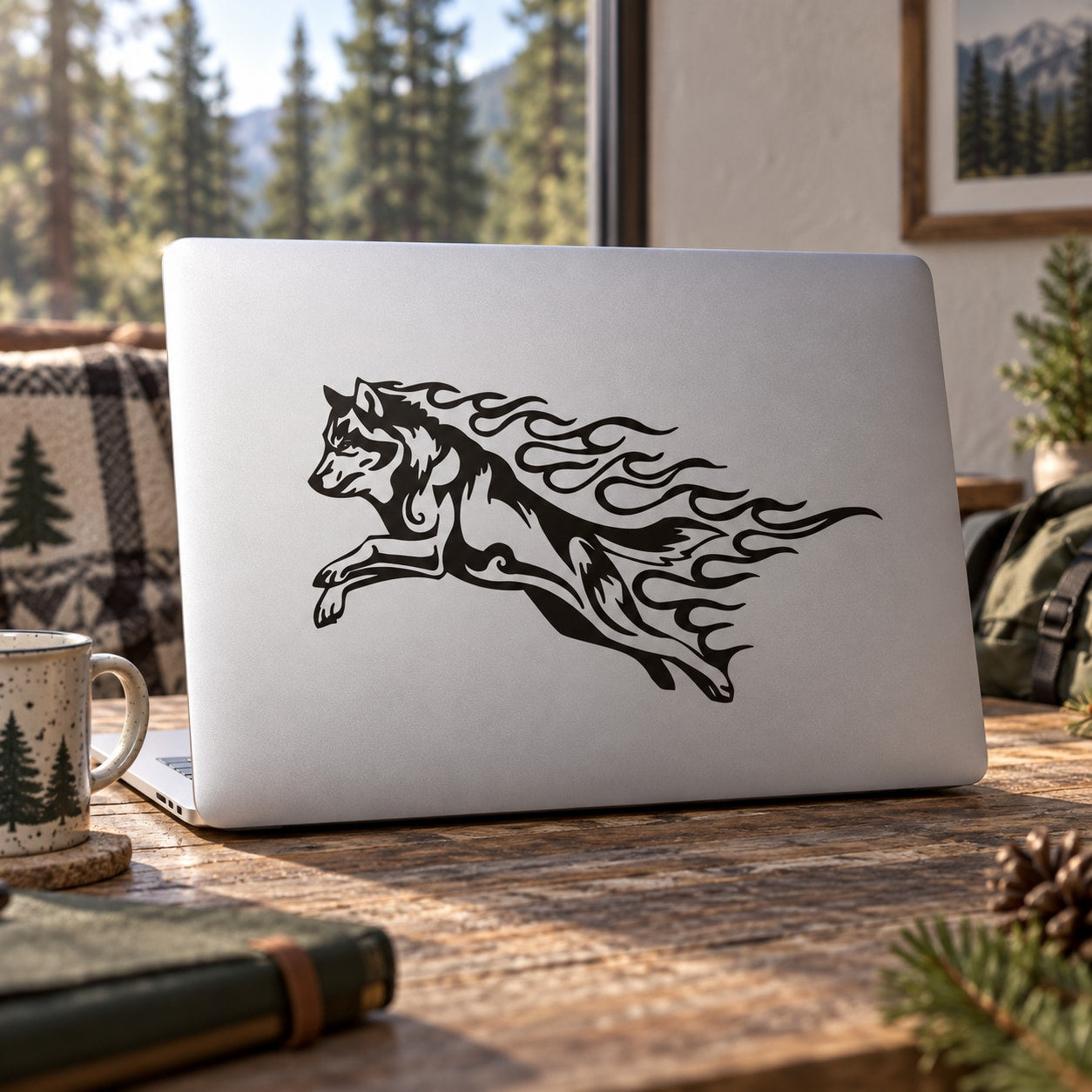 Leaping fire wolf decal: leaping wolf head with flame-like swirls, black design