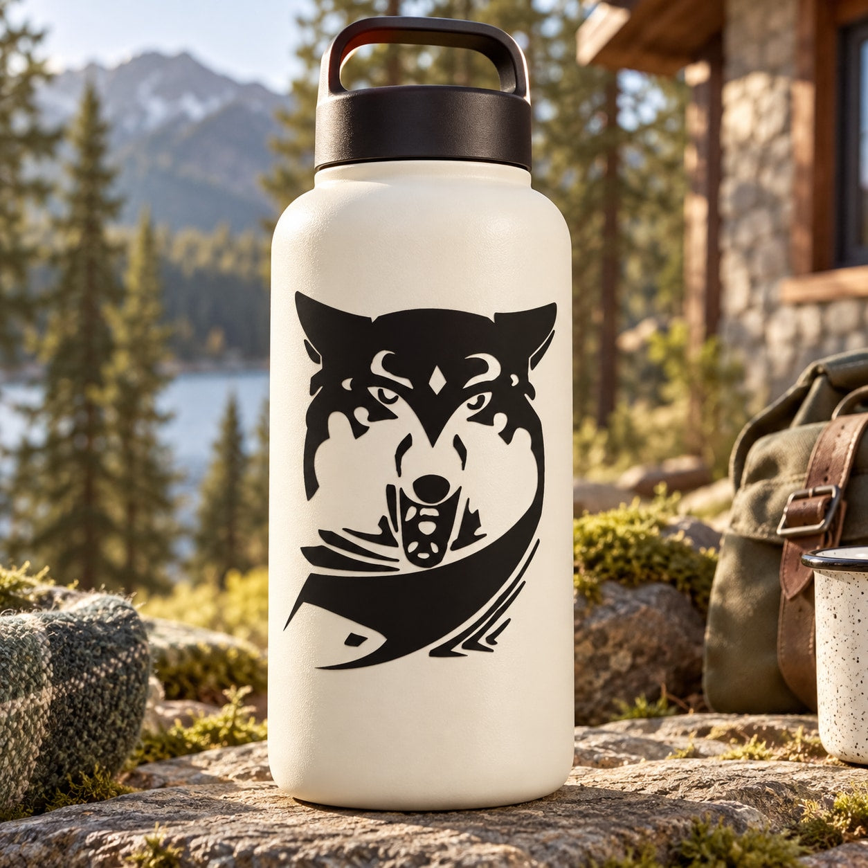 Angry wolf head decal on white water bottle, black stencil style