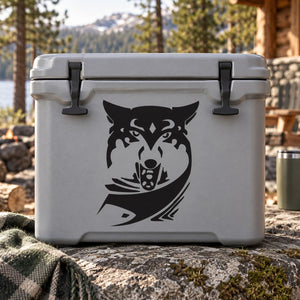 Black snarling wolf with scarf decal on gray cooler