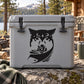 Black snarling wolf with scarf decal on gray cooler