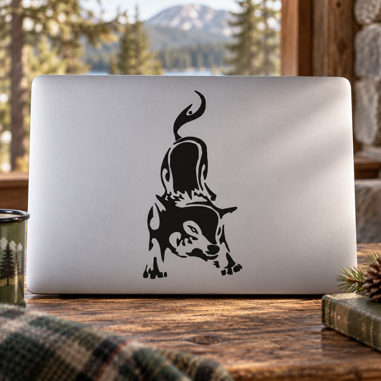 Pouncing wolf decal, black silhouette sticker for laptop