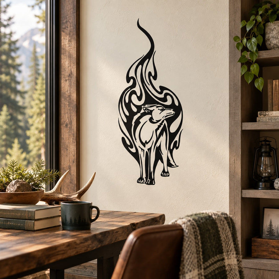 Standing fire wolf wall decal, black flame design