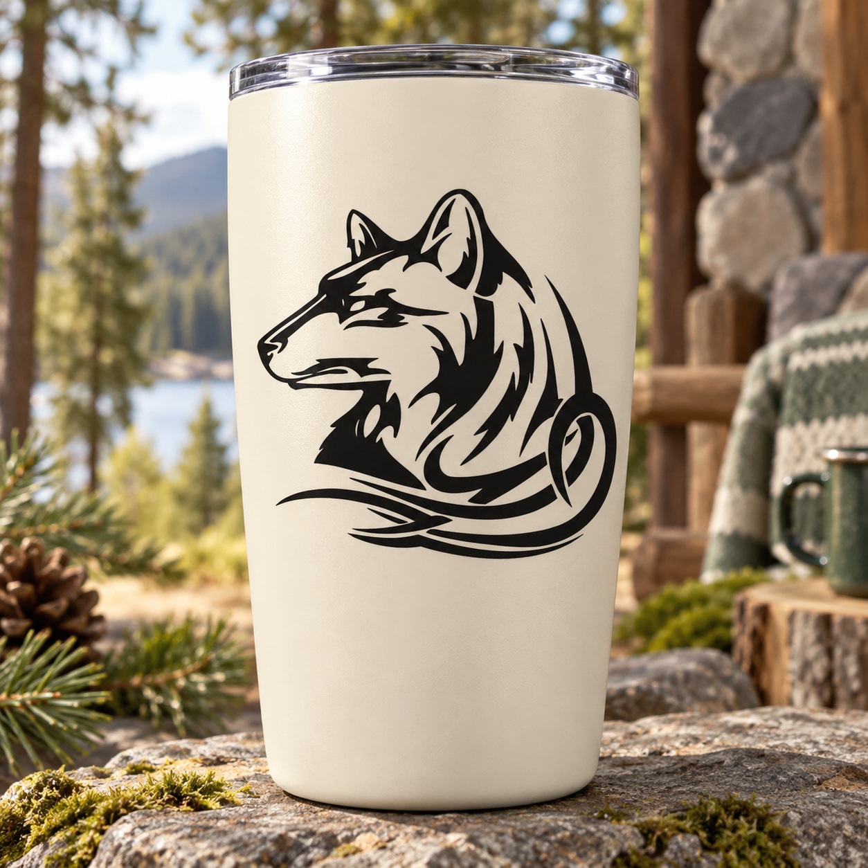 White tumbler with black tribal wolf head decal
