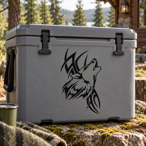 Tattoo-style howling wolf head decal in black ink on a gray surface