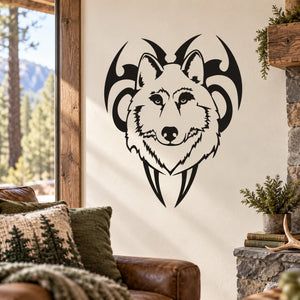 Tribal wolf head decal with black-and-white stylized wolf face and horns