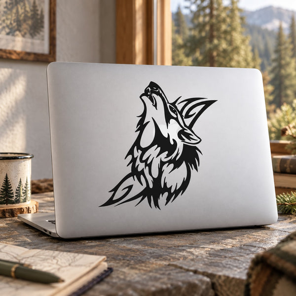 Black wolf howling tribal-style vinyl decal graphic