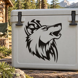 Gray cooler with black tribal razor wolf head decal