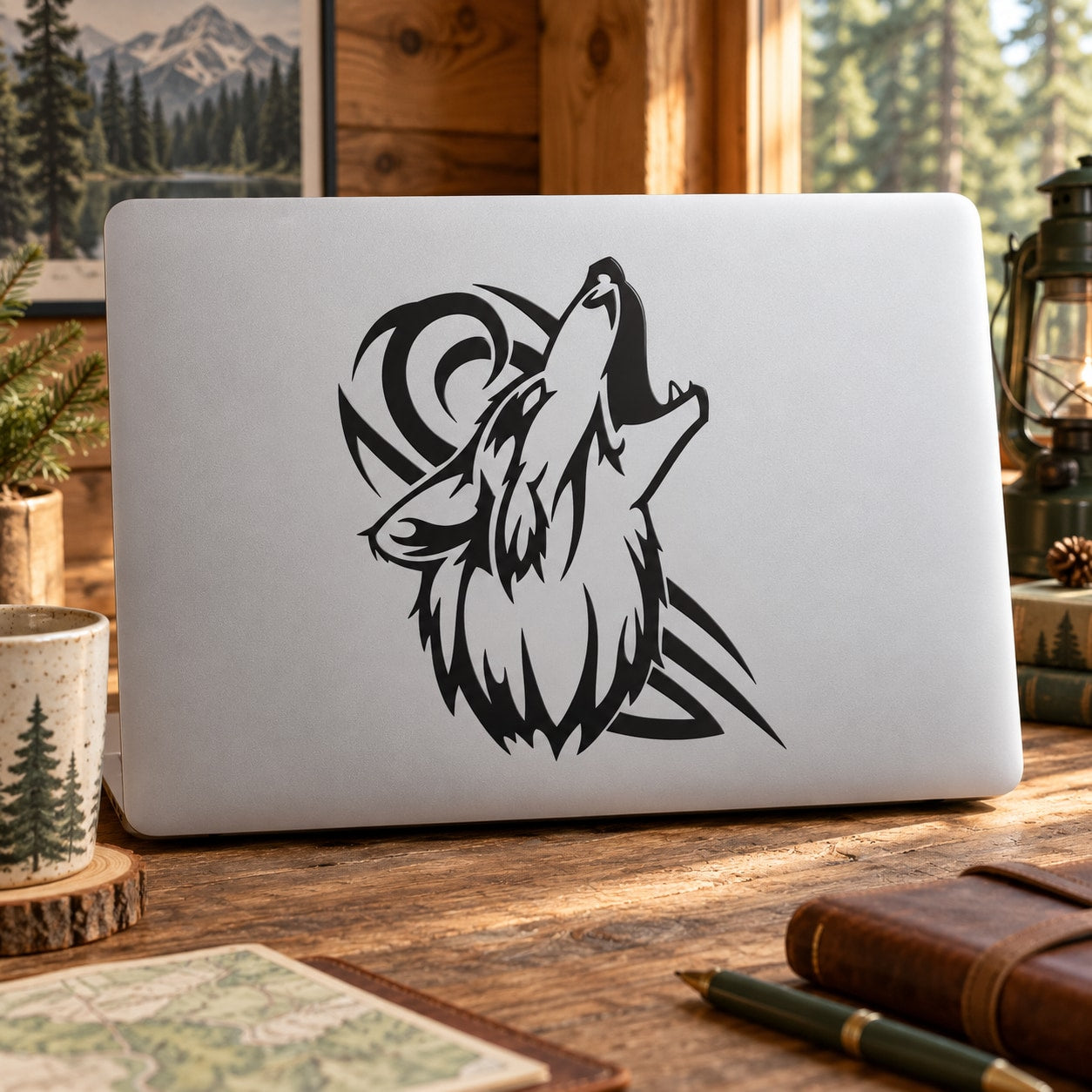 Black tribal wolf howl decal sticker with angular razor-style graphic on white surface