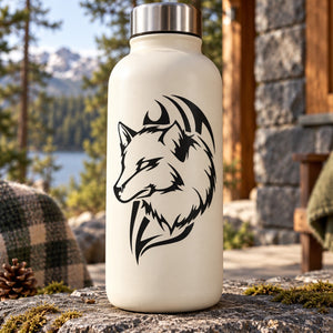 Wolf head razor-style decal with black graphic on off-white bottle
