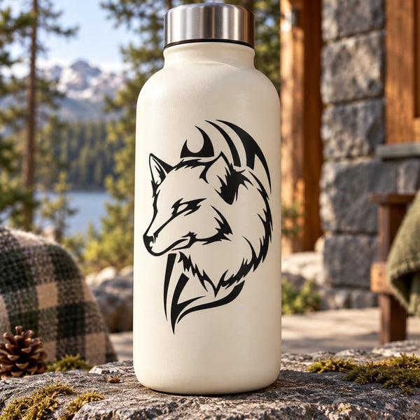 Wolf head razor-style decal with black graphic on off-white bottle