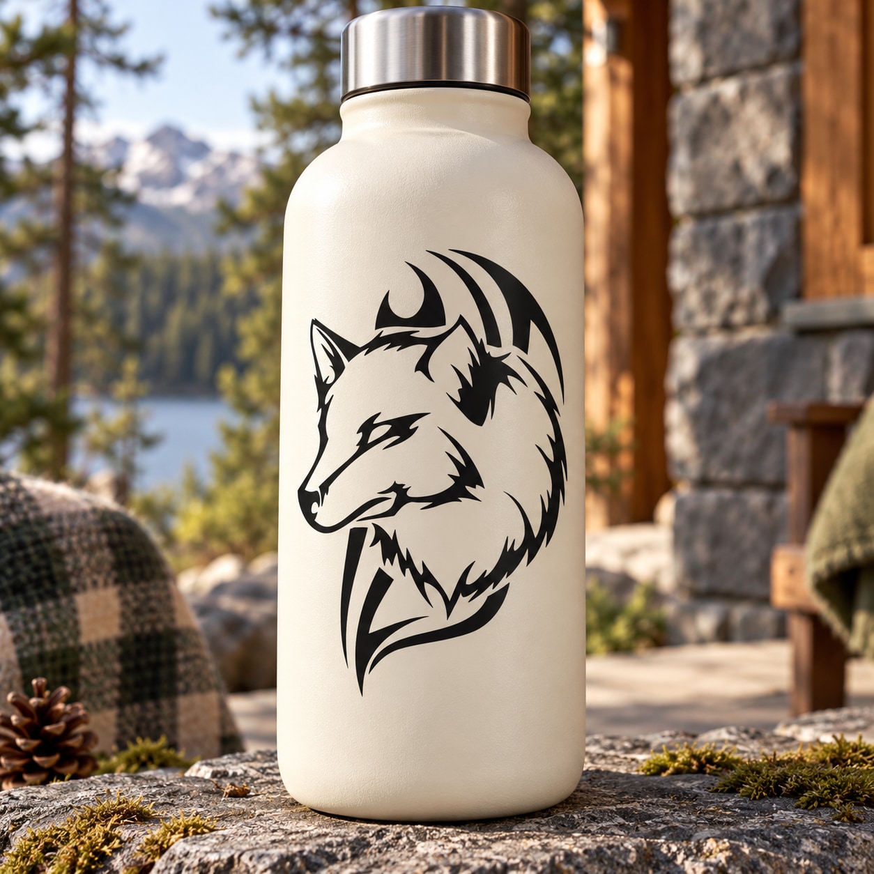 Wolf head razor-style decal with black graphic on off-white bottle