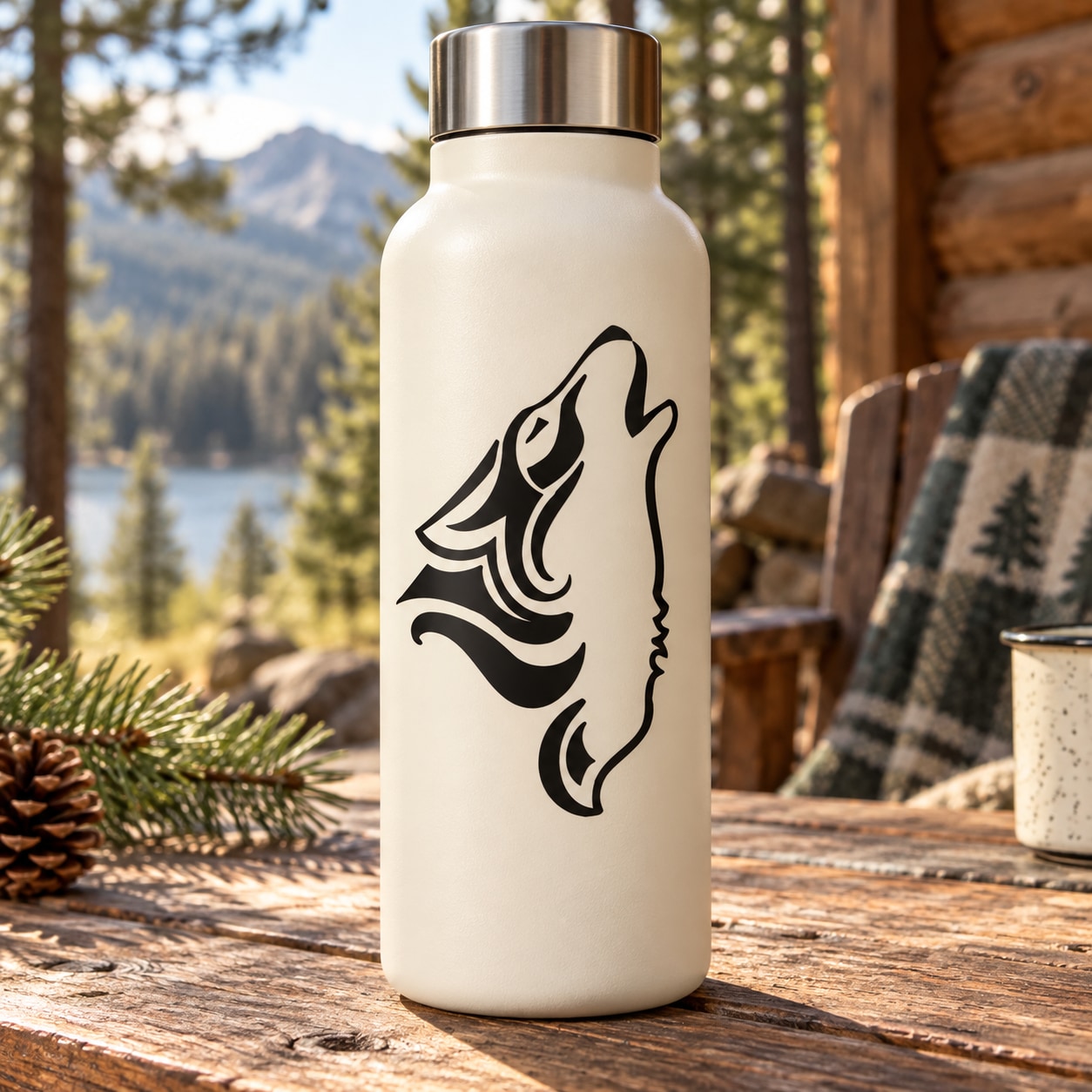 Native wolf howling decal with black wolf head and sound lines