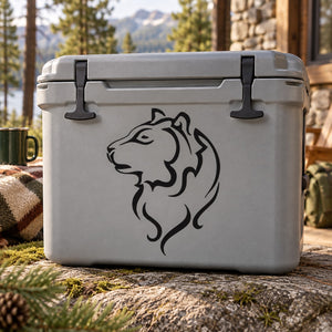 Black wolf head decal on a light gray cooler lid with black side latches