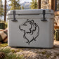 Black wolf head decal on a light gray cooler lid with black side latches