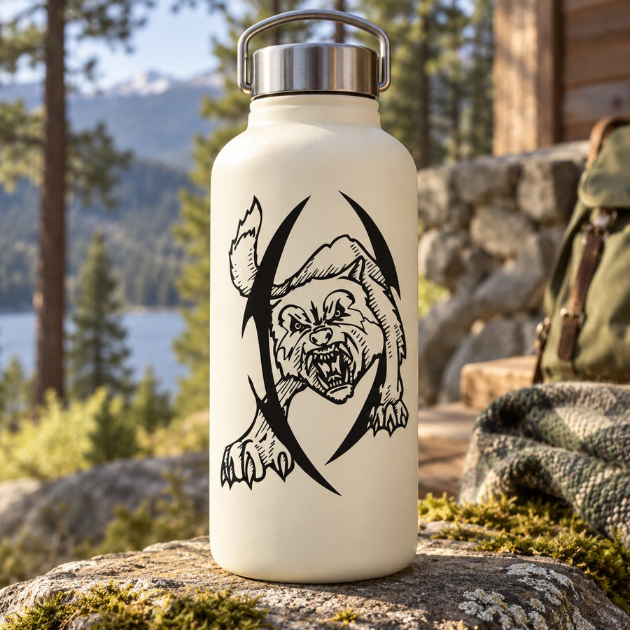 Angry wolf decal: black snarling wolf graphic on a light-colored bottle surface
