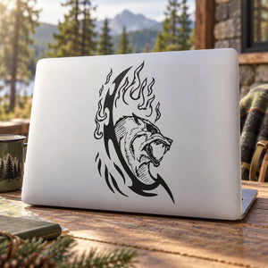 Snarling wolf head decal with flame graphic, black design on light background