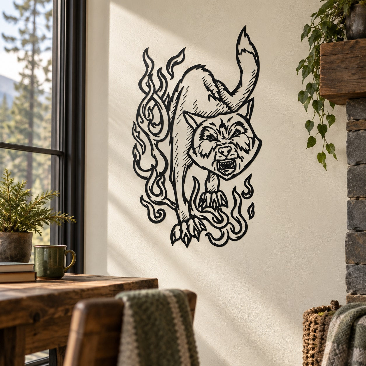 Black outlined hissing cat decal with flame accents on a light surface