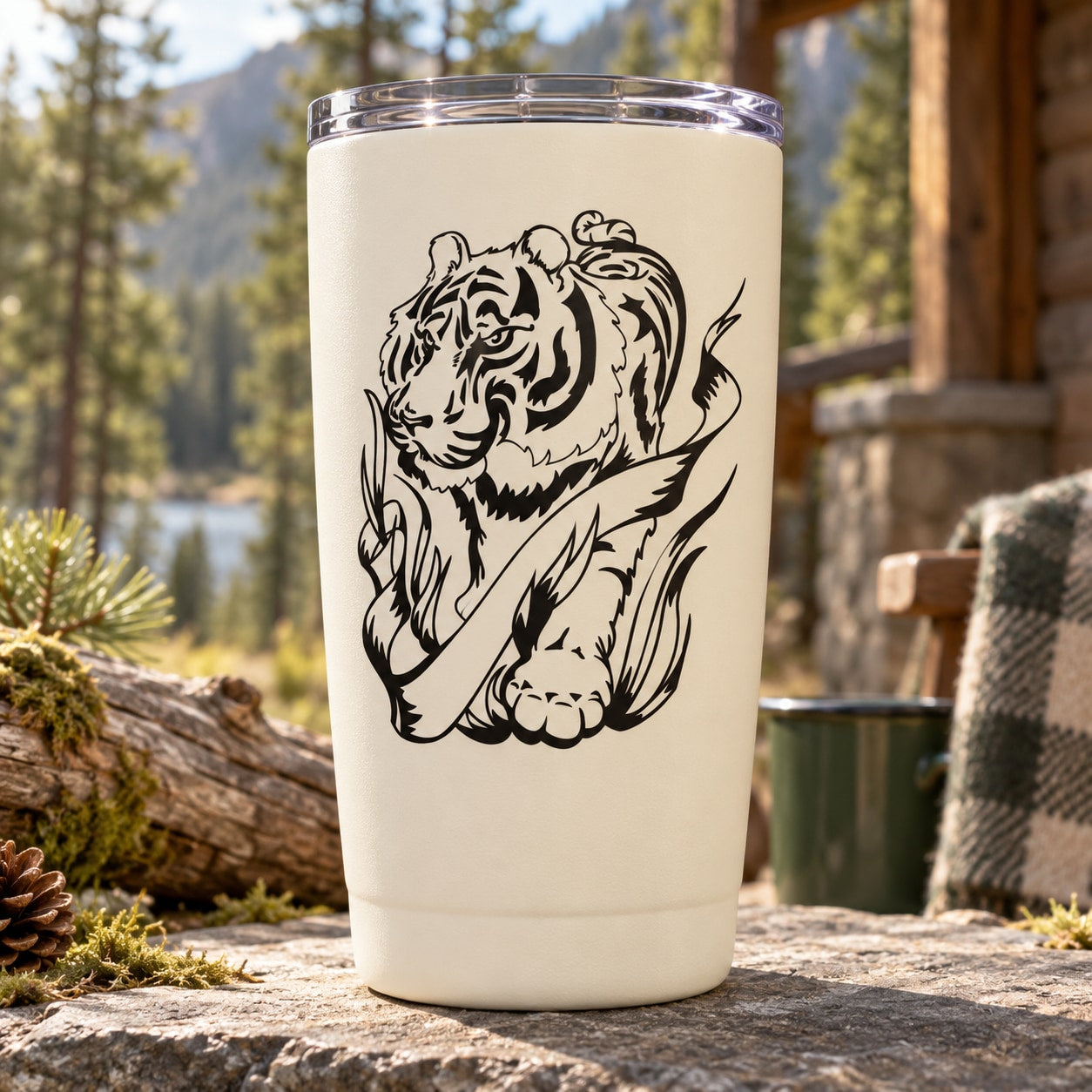 Tiger face decal on a white insulated tumbler