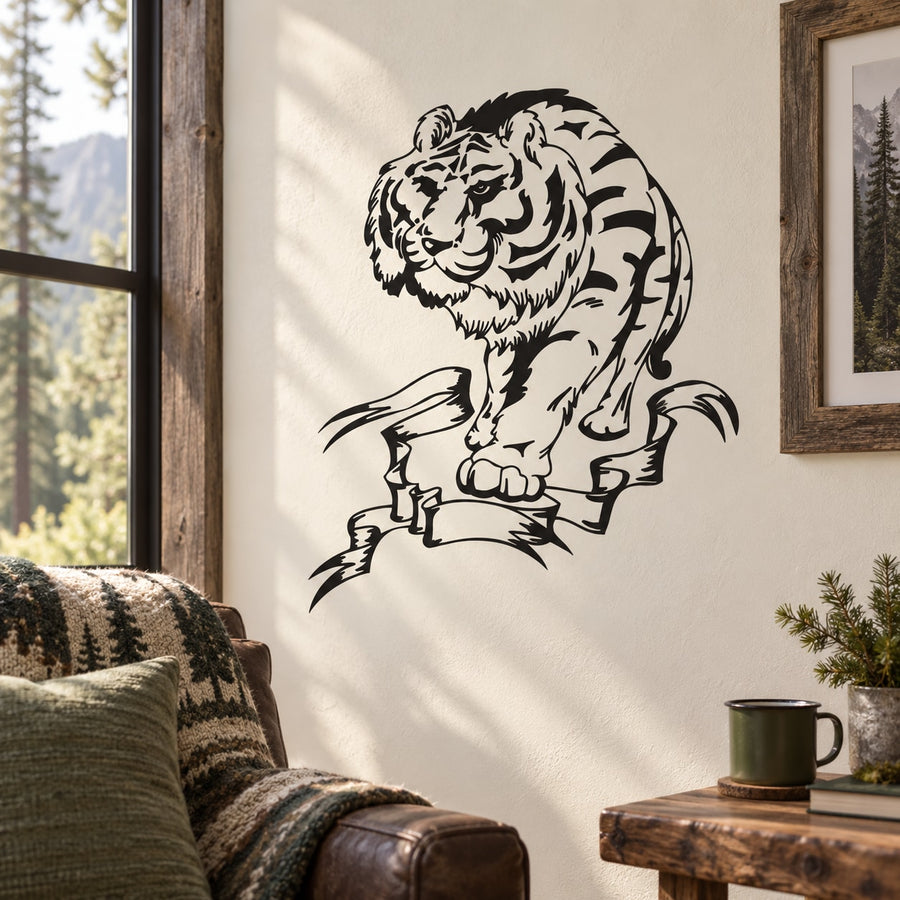 Walking tiger wall decal in black line art