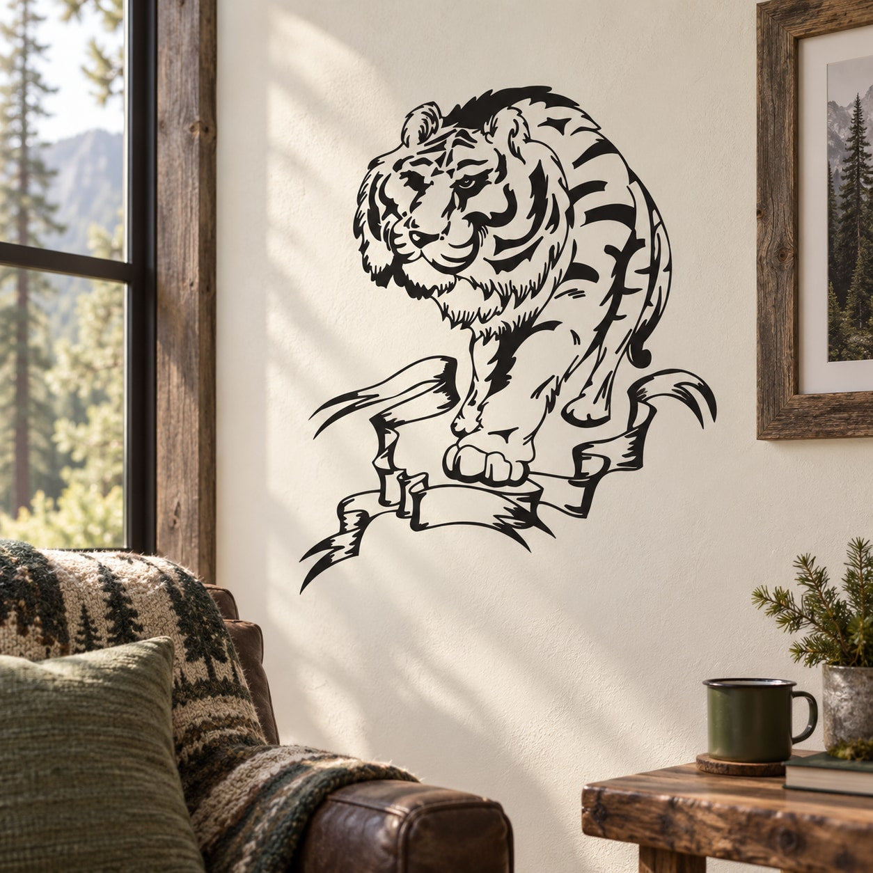 Walking tiger wall decal in black line art