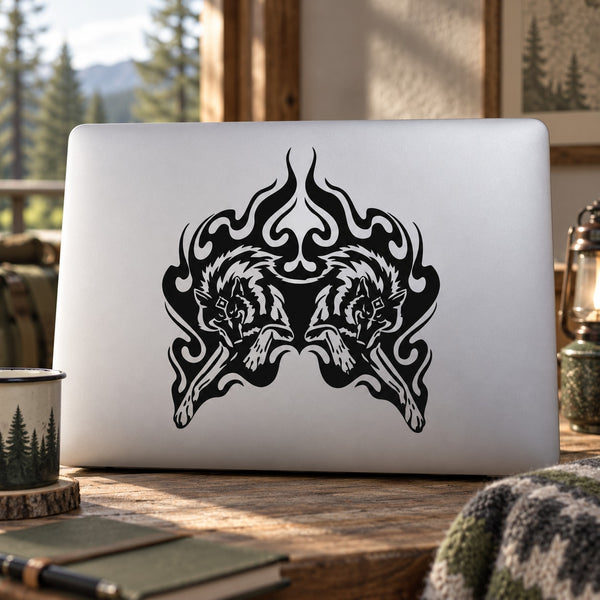 Detailed double wolf decal in black and white, symmetrical flames and snarling wolves