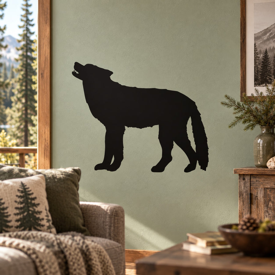 Black wolf silhouette wall decal with detailed head and tail