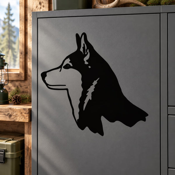 Wolf head silhouette wall decal, black design with open mouth and profile howl