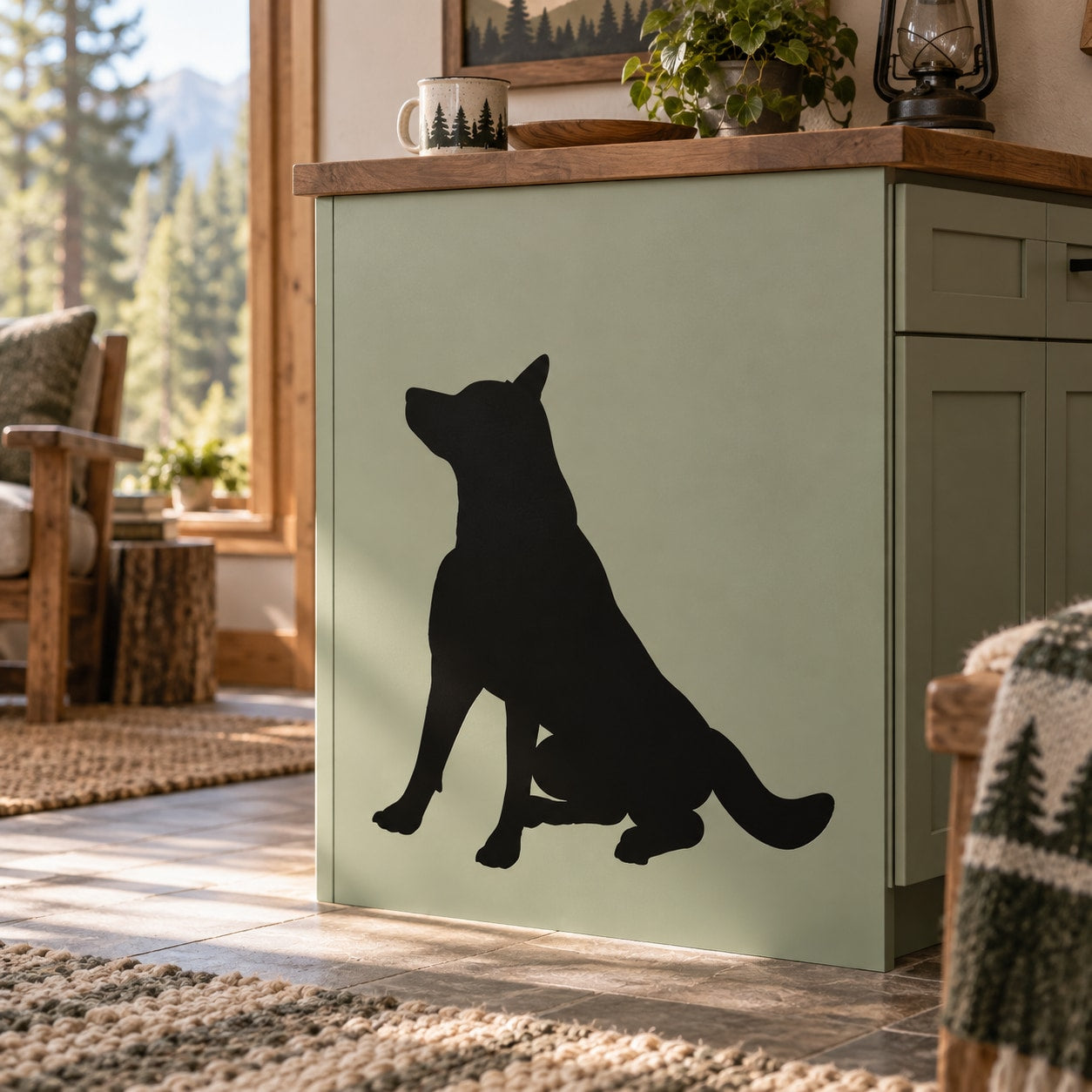 Sitting wolf wall decal with dark silhouette, sitting pose, facing right.