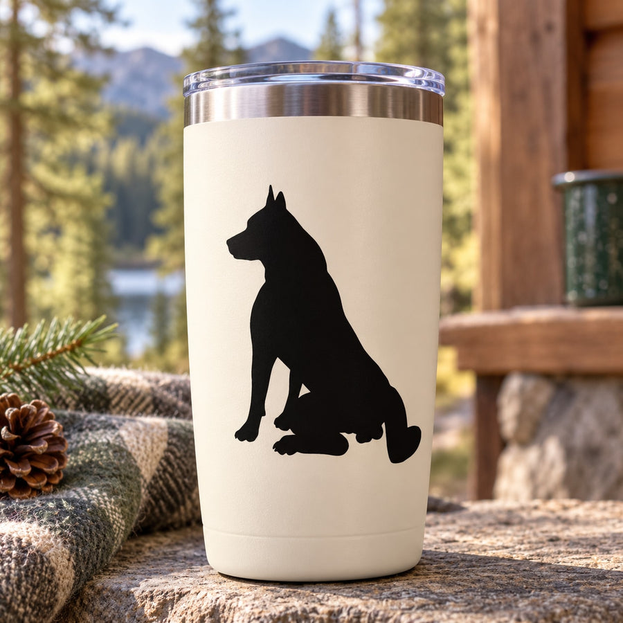 Sitting wolf silhouette decal on white tumbler