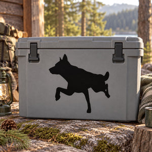 Black wolf hunting decal on gray plastic cooler lid