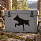 Black wolf hunting decal on gray plastic cooler lid