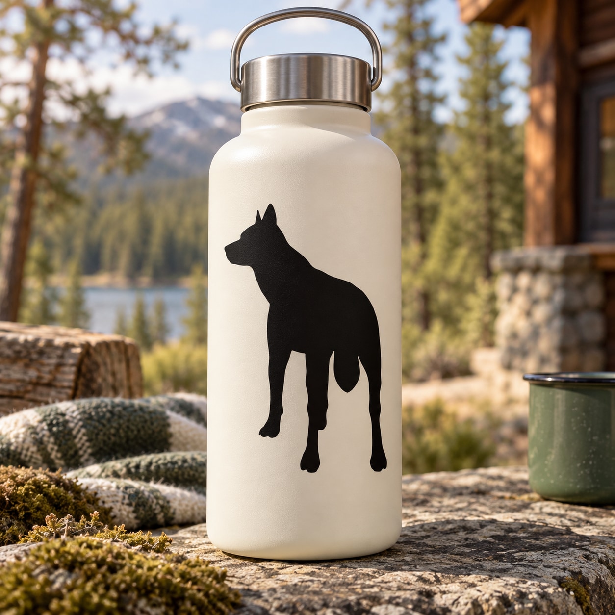 White water bottle with black back-turned wolf decal