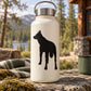 White water bottle with black back-turned wolf decal
