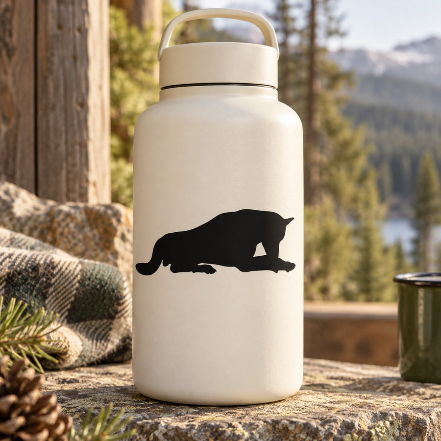 Travel water bottle with black wolf decal silhouette