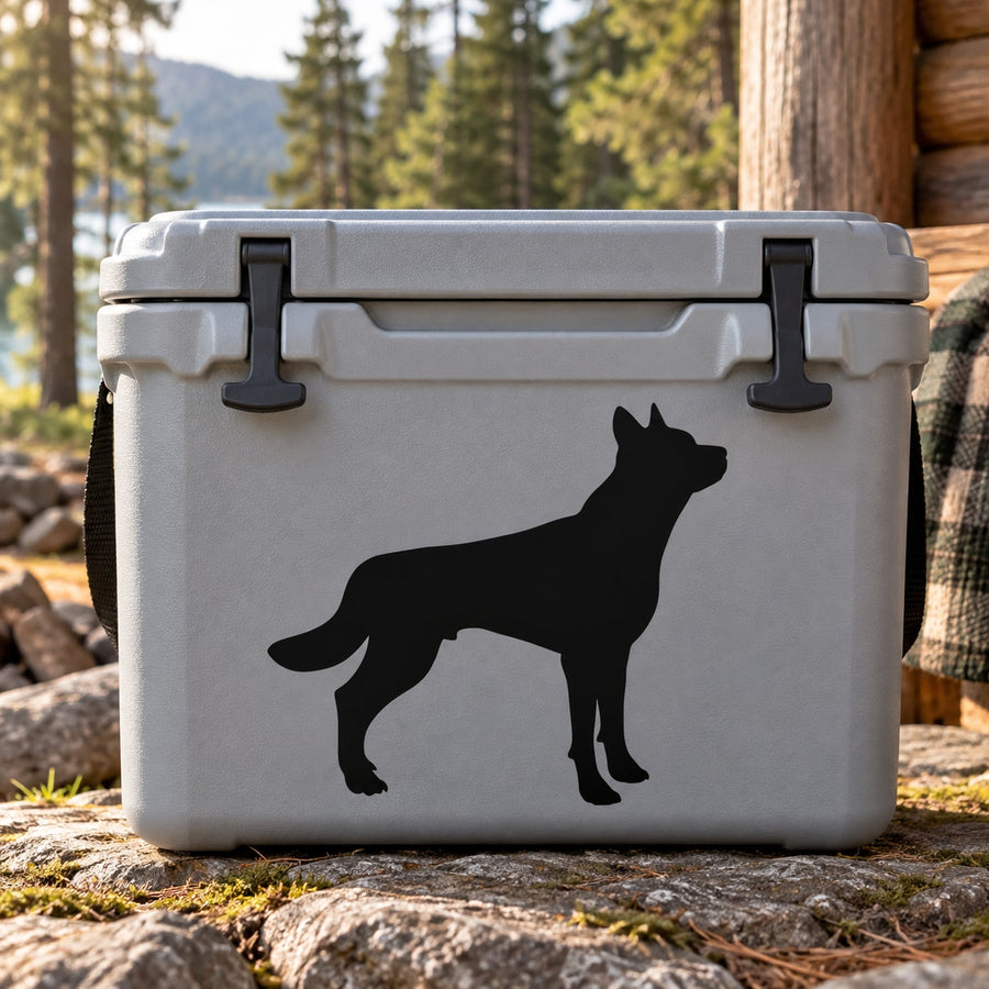 Wolf silhouette decal on light gray cooler lid
