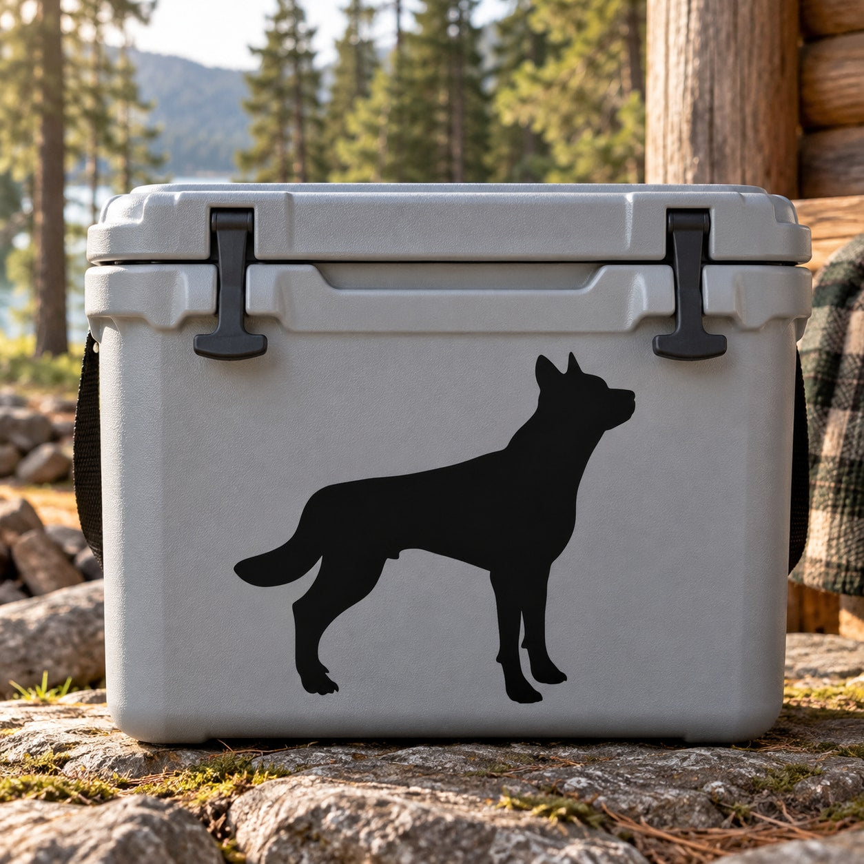 Wolf silhouette decal on light gray cooler lid
