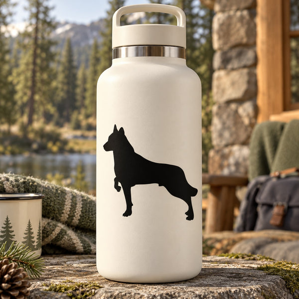 Black dog decal silhouette on white outdoor bottle