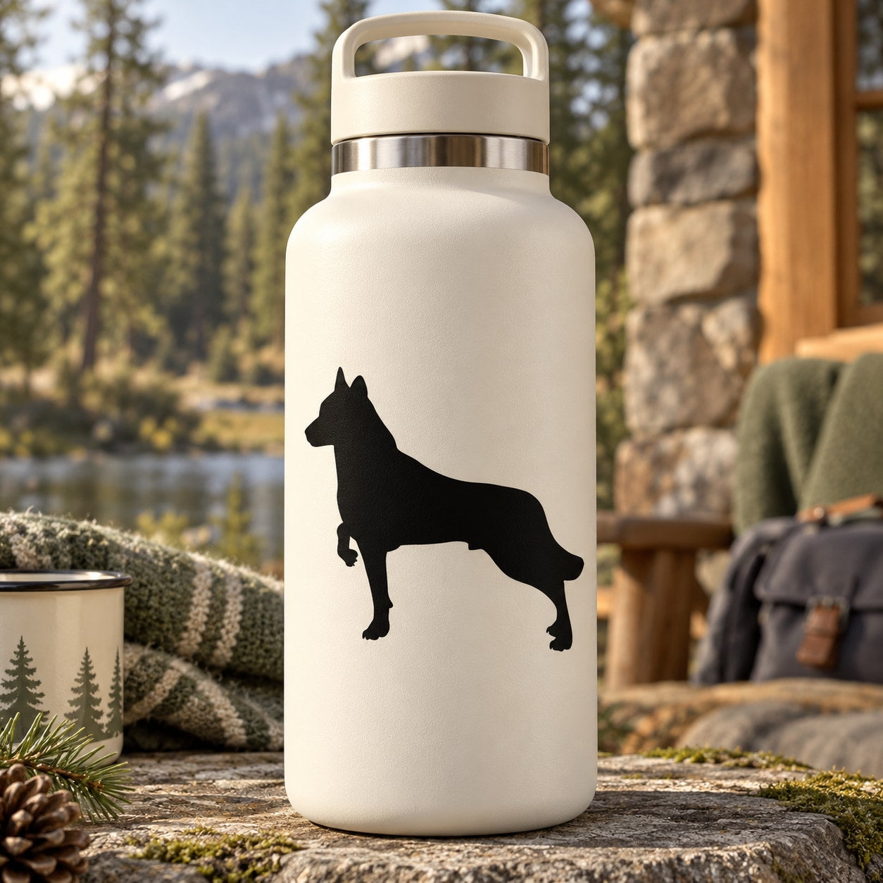 Black dog decal silhouette on white outdoor bottle