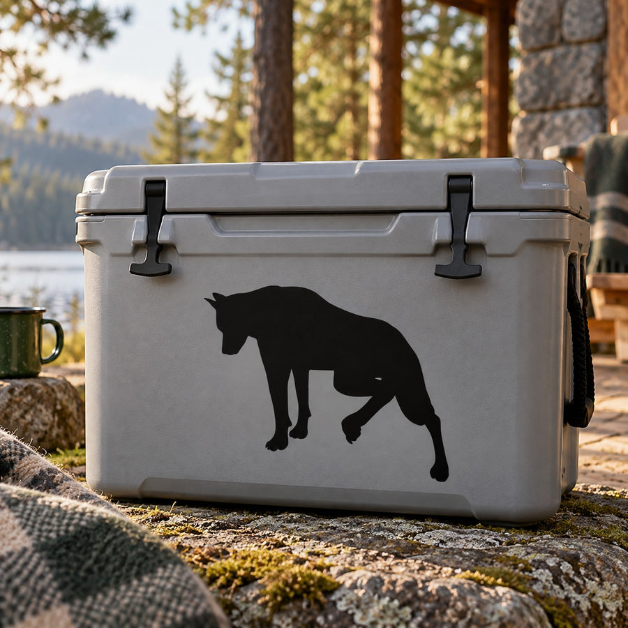 Kicking Wolf decal with black wolf silhouette on cooler