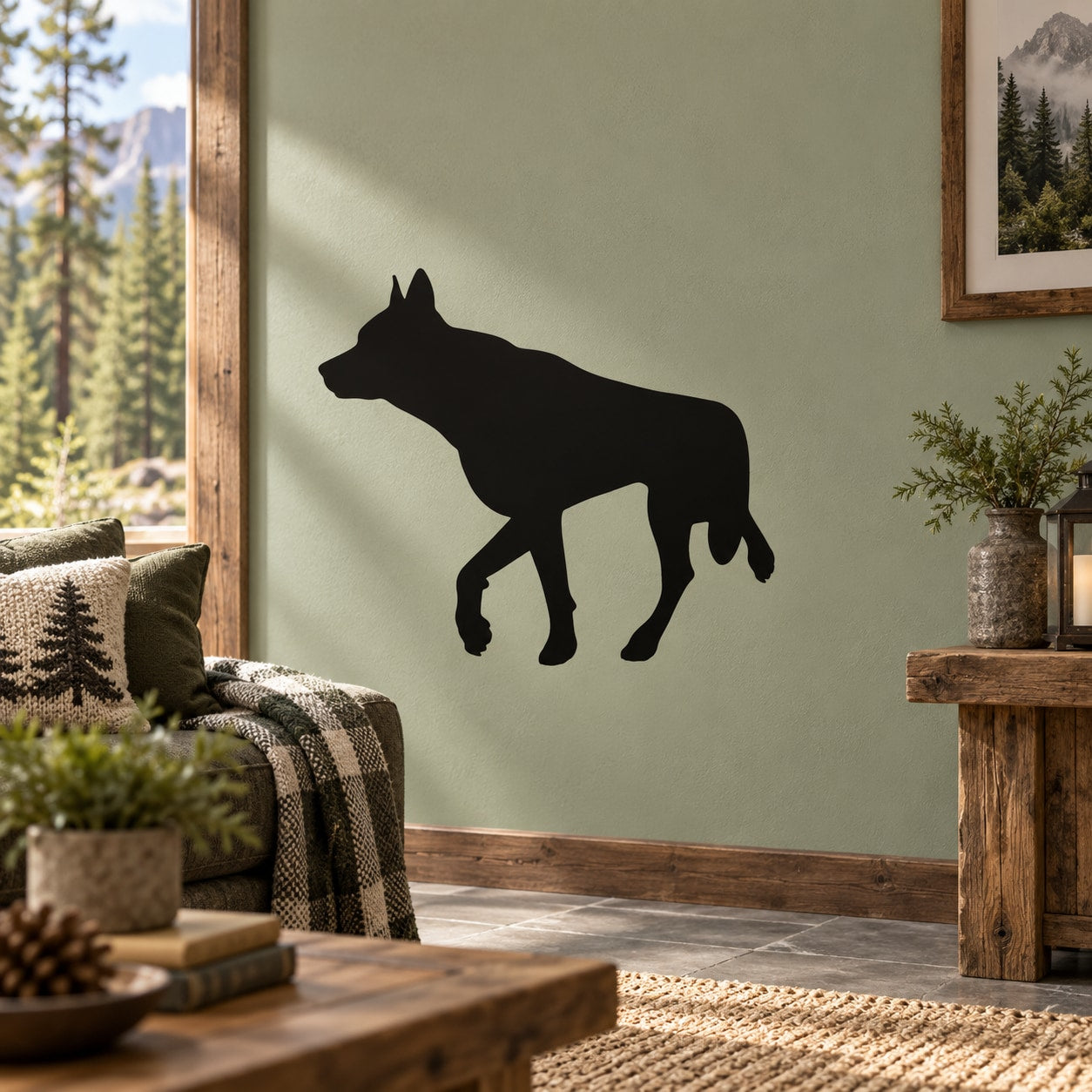 Skittish Wolf wall decal with black wolf silhouette