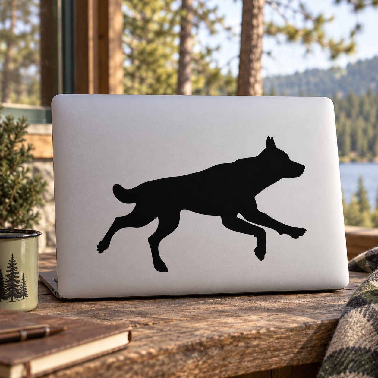 Black running wolf decal sticker on a white laptop lid