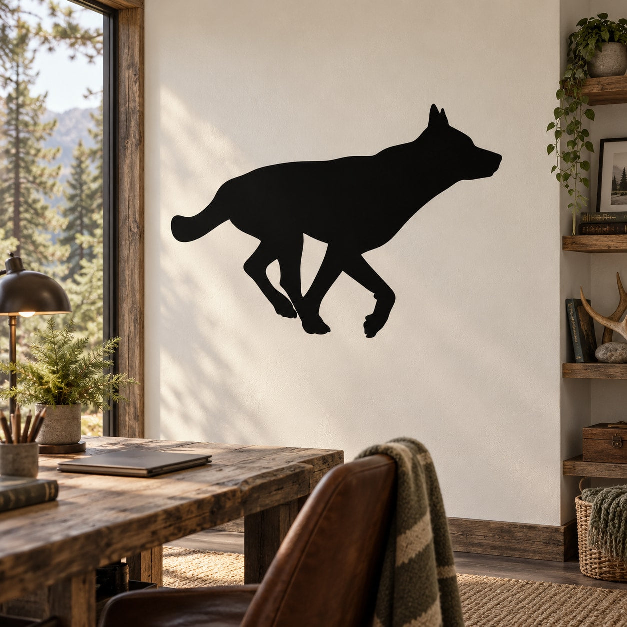 Wolf silhouette wall decal, black running design