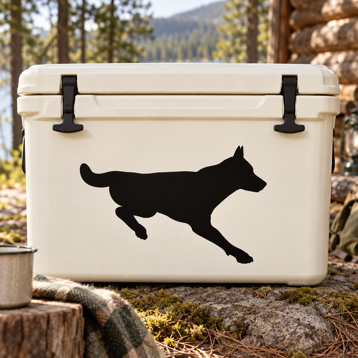 Black wolf silhouette decal on light cooler lid