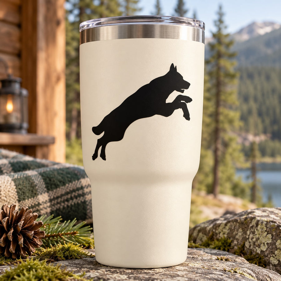 Black jumping wolf silhouette decal on white tumbler