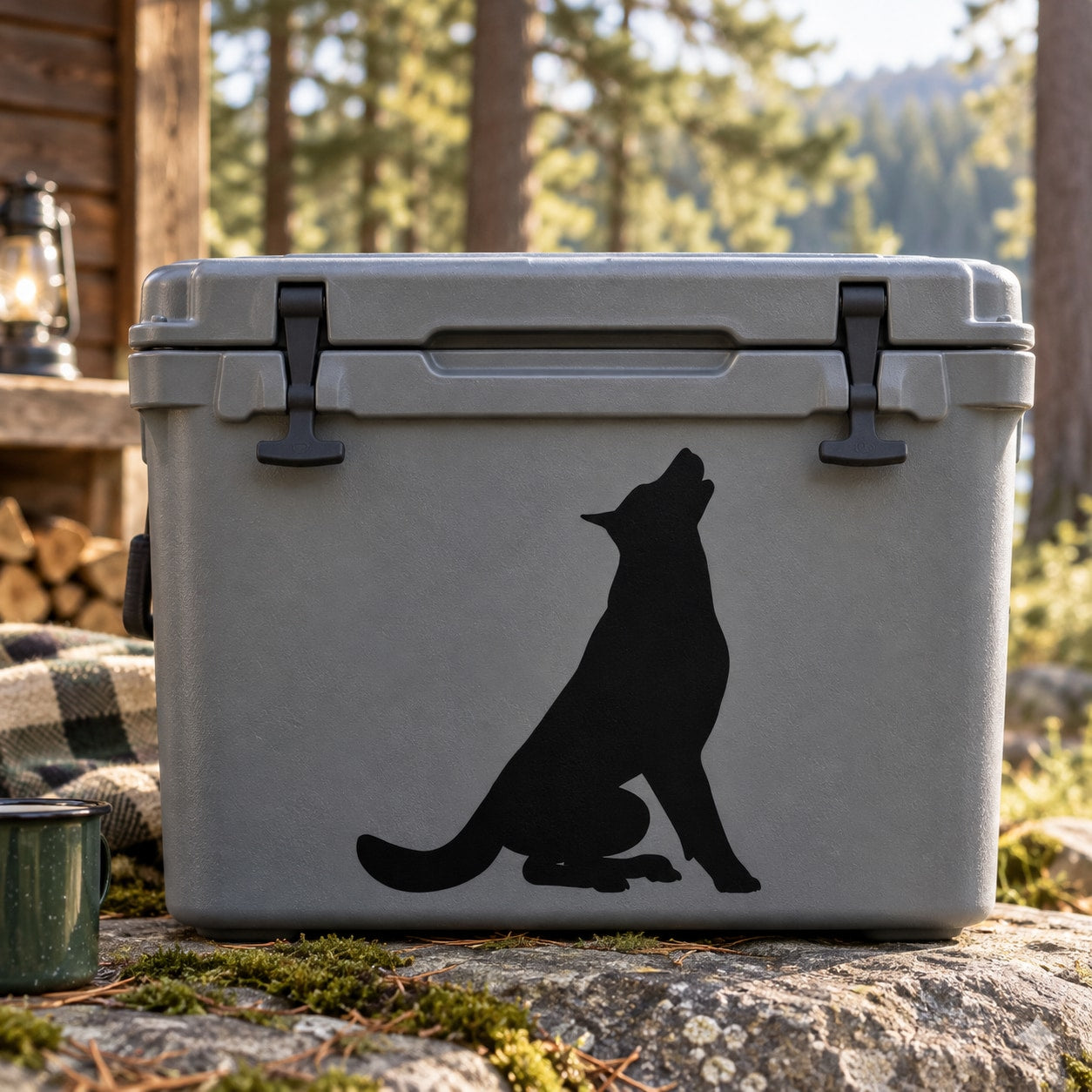 Howling wolf silhouette decal sticker, black design on light gray cooler