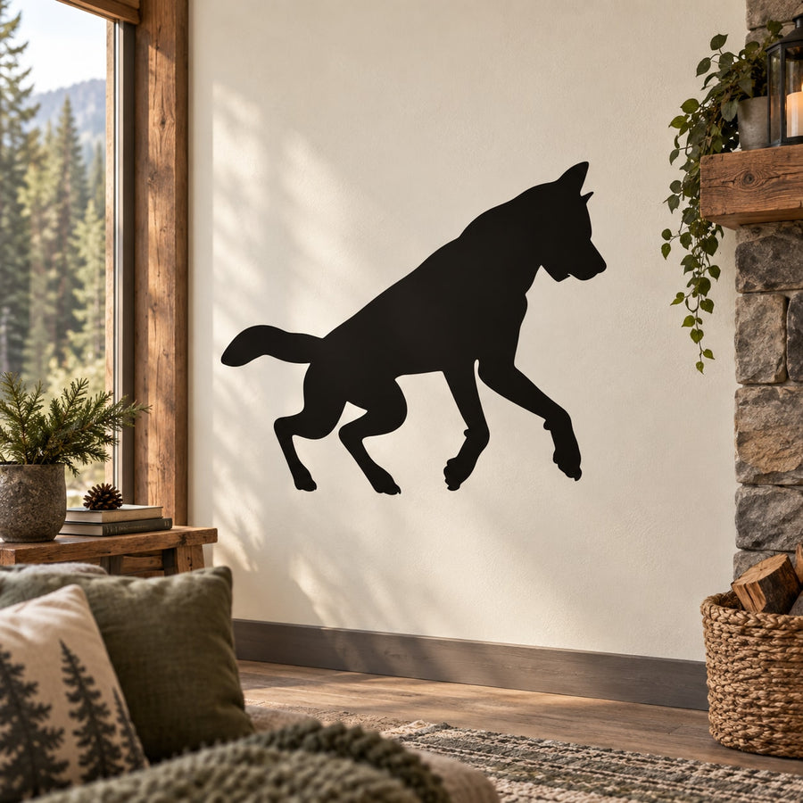 Black wolf silhouette wall decal, playful standing pose with curled tail