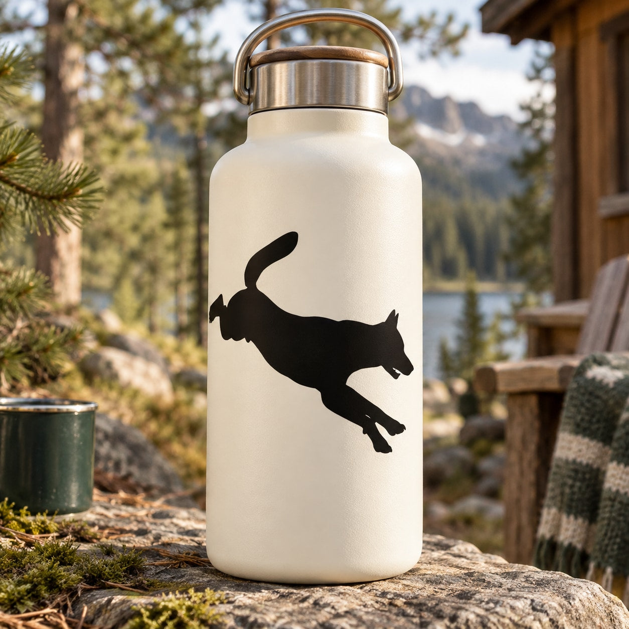 White bottle with black jumping wolf silhouette decal