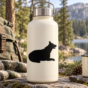 Water bottle with black resting wolf silhouette decal