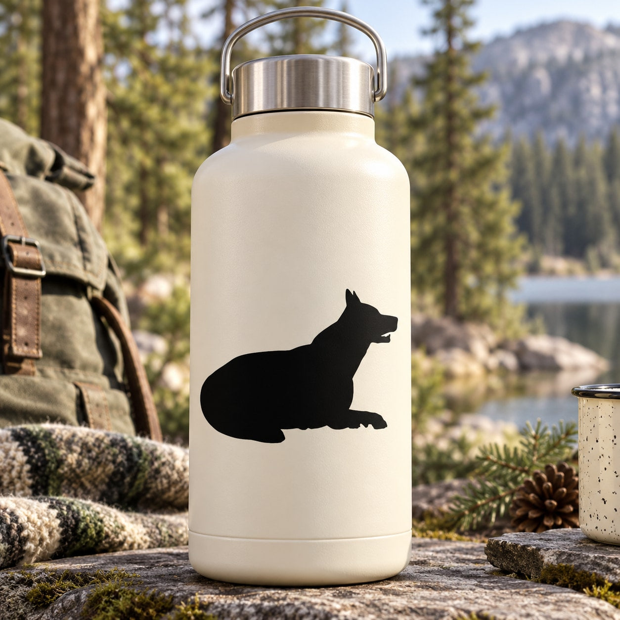 Water bottle with black resting wolf silhouette decal